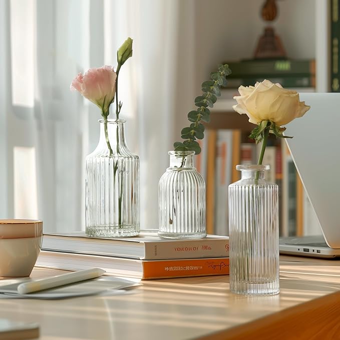 ComSaf Glass Bud Vases Set of 3, Small Flower Vases in Bulk, Mini Ribbed Vases - Image 5