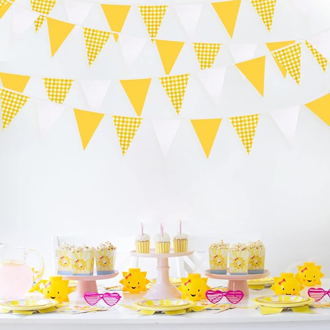 32Ft Yellow Plaid Checkered White Pennant Banner Fabric Gingham Triangle Flag - Image 3