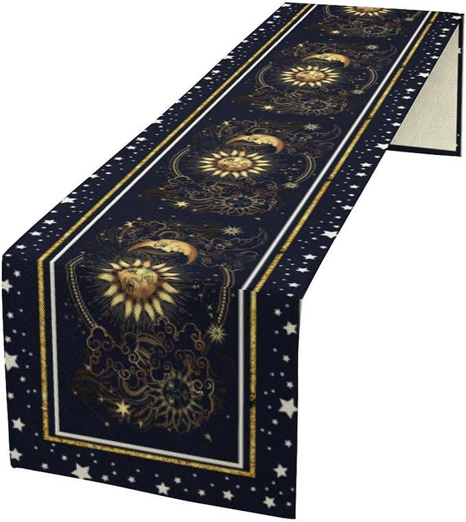 Sun Moon Table Runner, Seasonal Golden Sun Moon Holiday Kitchen Dining Table by ShiTingYu