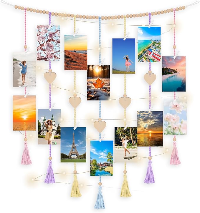 Boho Macrame Wall Decor with Hanging Photo Display and Fairy Lights 14 Wood by Unknown