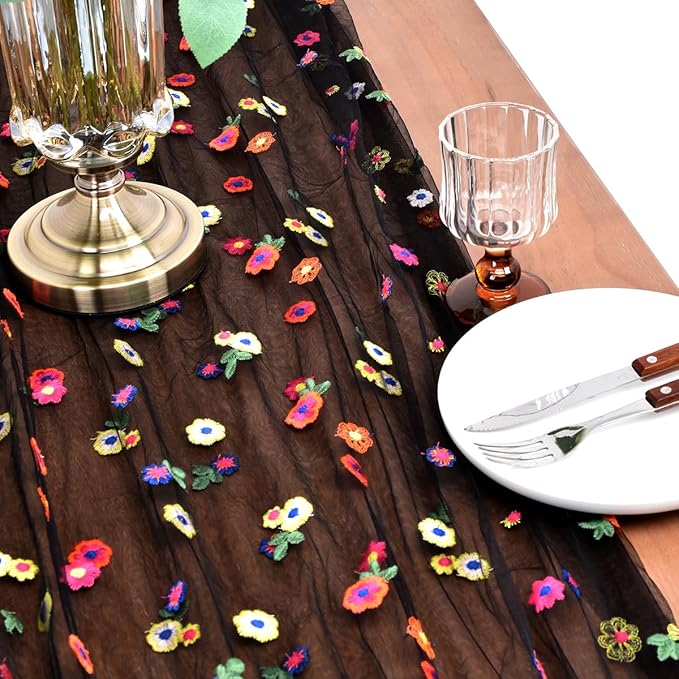 Joanlody Black Embroidery Daisy Fall Thanksgiving Table Runner 10ft Florals - Image 4