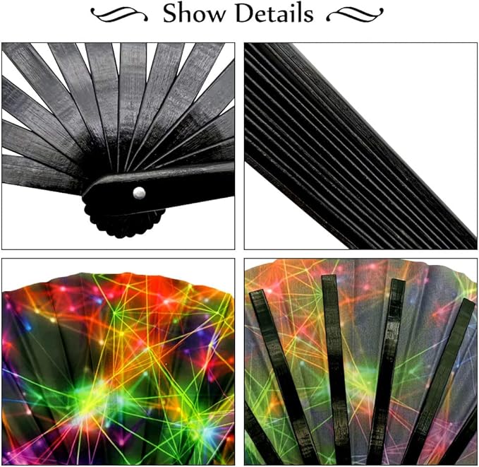 2 Pack Large Folding Rave Fan for Women/Men Holographic Festival Bamboo Clack - Image 5