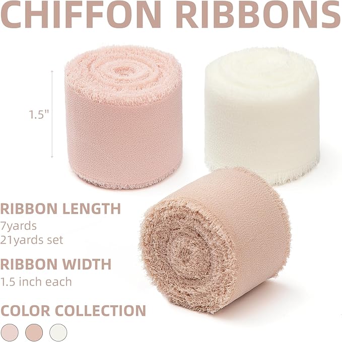 3 Rolls Nude & Cream White Handmade Chiffon Ribbon, 1.5" x 21Yd Frayed Fringe - Image 2