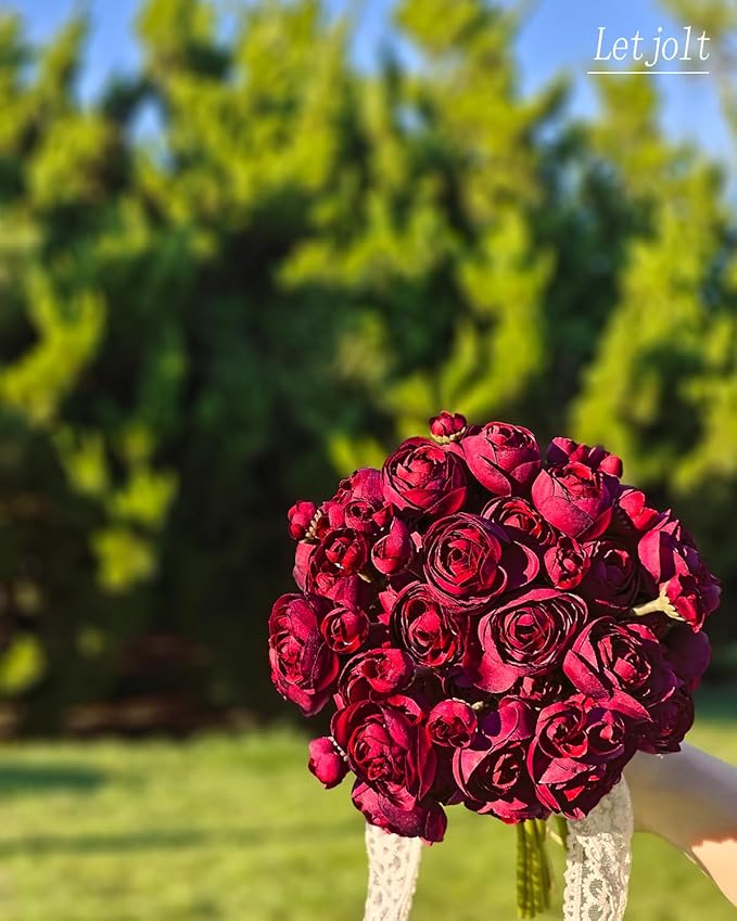 Letjolt Ranunculus Artificial Flower 18 Pcs Red Silk Ranunculus Wedding Bouquet - Image 3