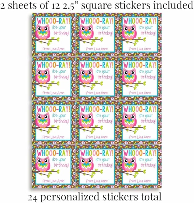 Custom & Personalized Colorful Floral Owl Happy Birthday Gift Tag Sticker Labels - Image 4