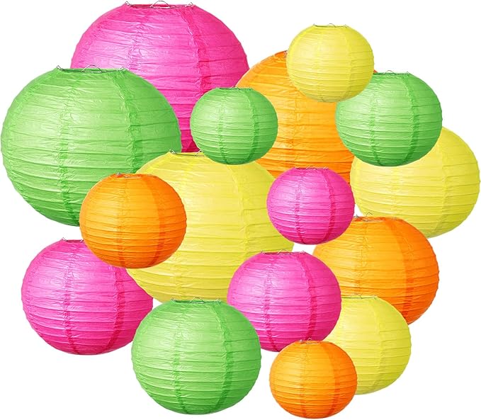 Riakrum 16 Pcs Neon Themed Paper Lanterns Birthday Party Decorations Mixed Size by Riakrum