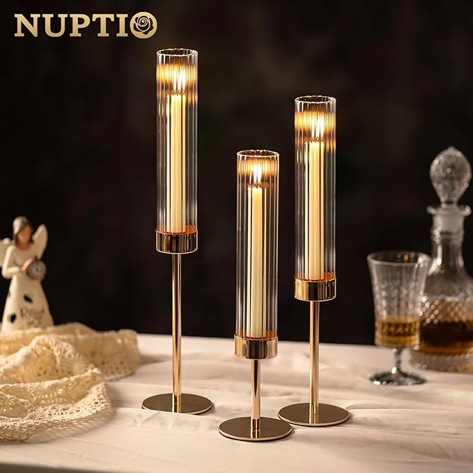 NUPTIO Hurricane Glass Candles Holder: 18 Pcs Gold Taper Candle Stick Holder - Image 2