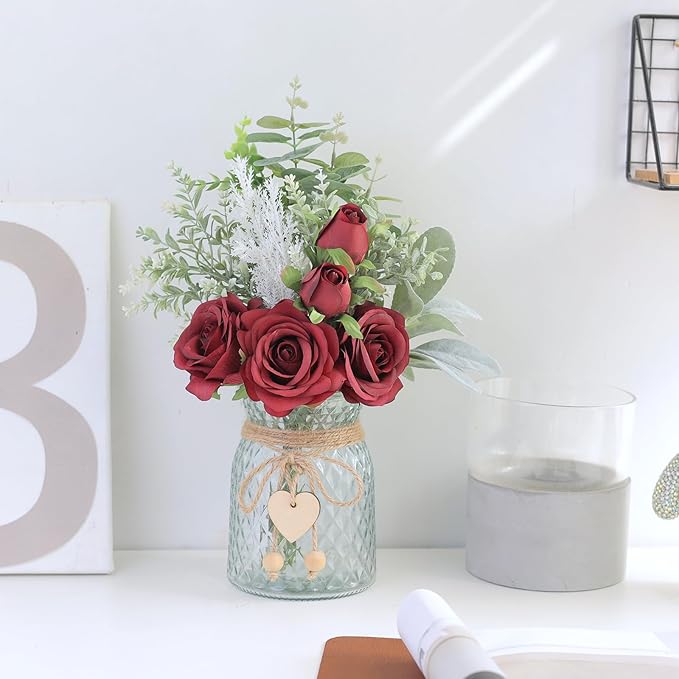 Faux Flowers with Vase, Artificial Silk Roses in Vase, Fake Plant Eucalyptus - Image 5