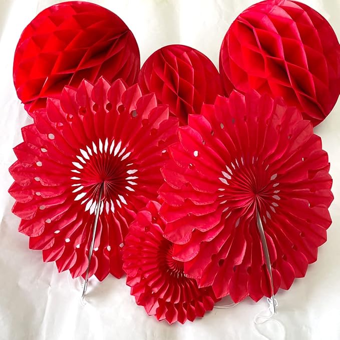 12pcs 6'' 8'' Red Honeycomb Balls Tissue Paper Fans Party Honeycomb Ball Fans - Image 3