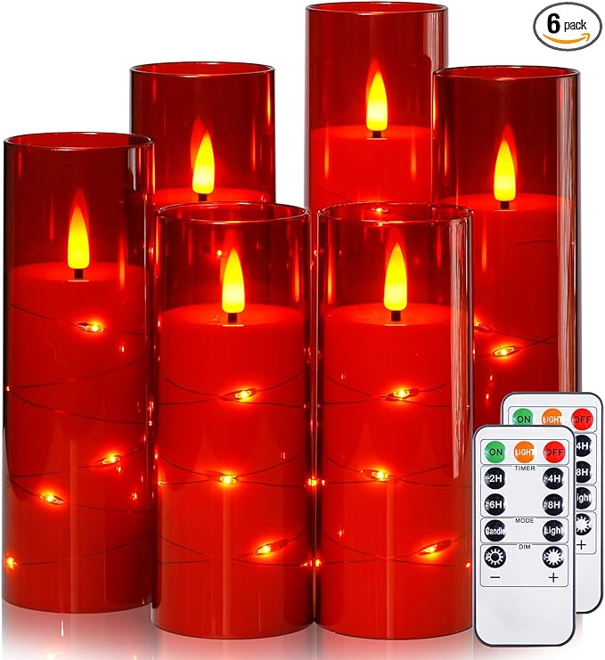 Red Flameless Candles with Remote and String Light, 2.2"x 5" by Yeelida