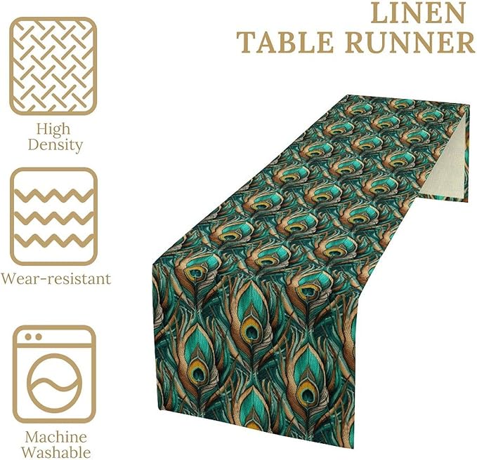 Peacock Feather Table Runner, Retro Aesthetic Green Table Runner - Image 4