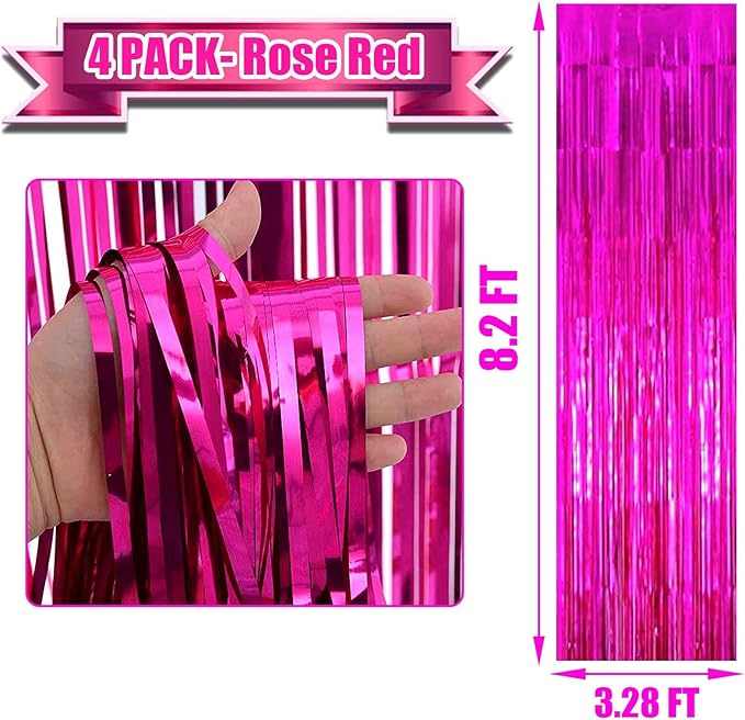 4 Pack Fuchsia Foil Fringe Curtain Backdrop, 3.28Ft x 8.2Ft Metallic Tinsel - Image 2