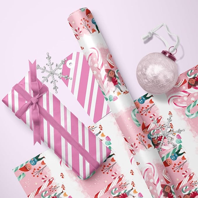 LeZakaa Christmas Pink Wrapping Paper Mini Roll - Image 3