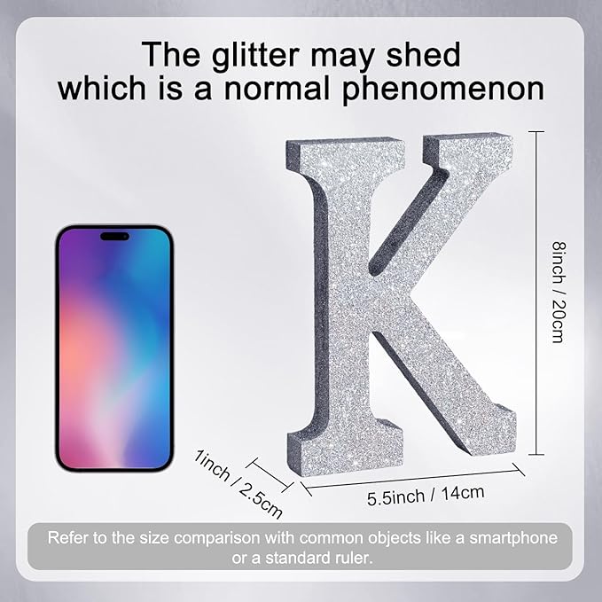 TONIFUL 8 Inch Silver Glitter Letter K Table Centerpiece A-Z Silver Birthday - Image 2