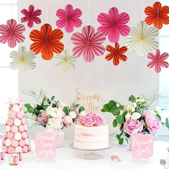BestoFun 12 PCS Paper Flowers Fans Pink and Orange Party Decorations Paper - Image 4