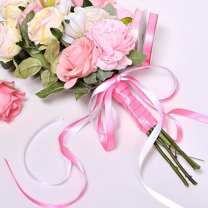 Ribest Pink Double Faced Satin Ribbon Set, 3/8 Inch White, Light Pink, Hot Pink - Image 5