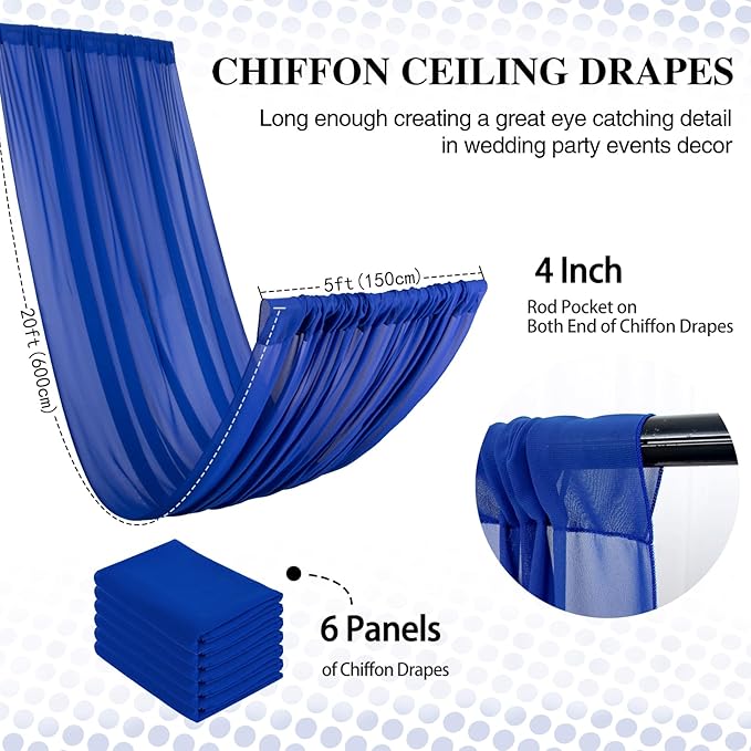DUOBAO Royal Blue 5x20ft Chiffon Drapes | 6pc Elegant Sheer Wedding Backdrop - Image 2