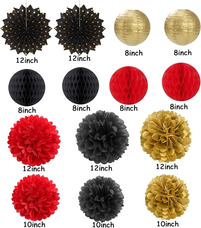 Red-Black Gold Party Decorations Streamers Lanterns - Image 3