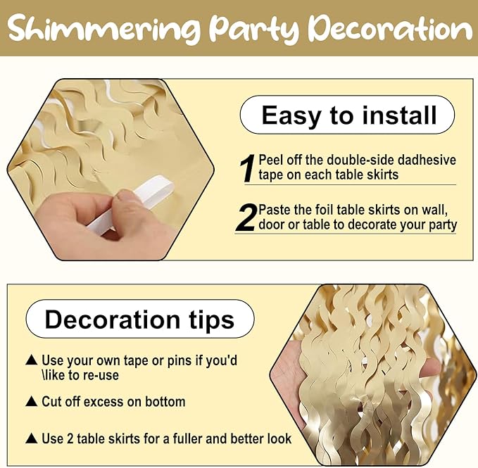 6 Pack 29 x108 Inch Champagne Gold Wave Foil Fringe Table Skirts Metallic Banner - Image 3