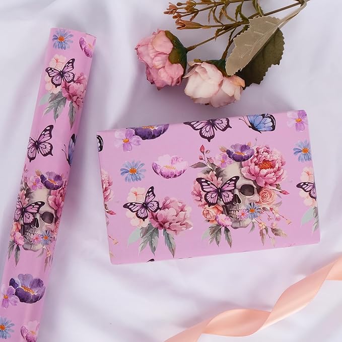Aimyoo Gothic Wrapping Paper Roll, 17 Inch X 16.5 Feet Skull Floral Butterfly - Image 7
