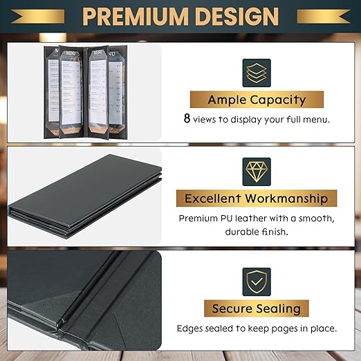12 Pack 6 View Menu Holder Menu Covers 4.25" x 11" | Black Leather Menu Sleeves - Image 4