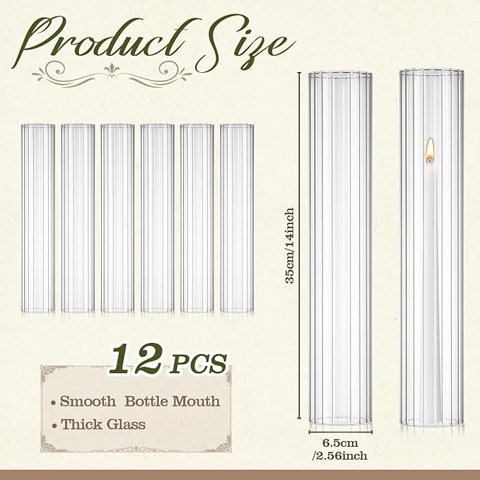 12 Pcs Hurricane Glass Candle Holders 2.5 x 14 Open Ended Tube Ribbed Shade - Image 3