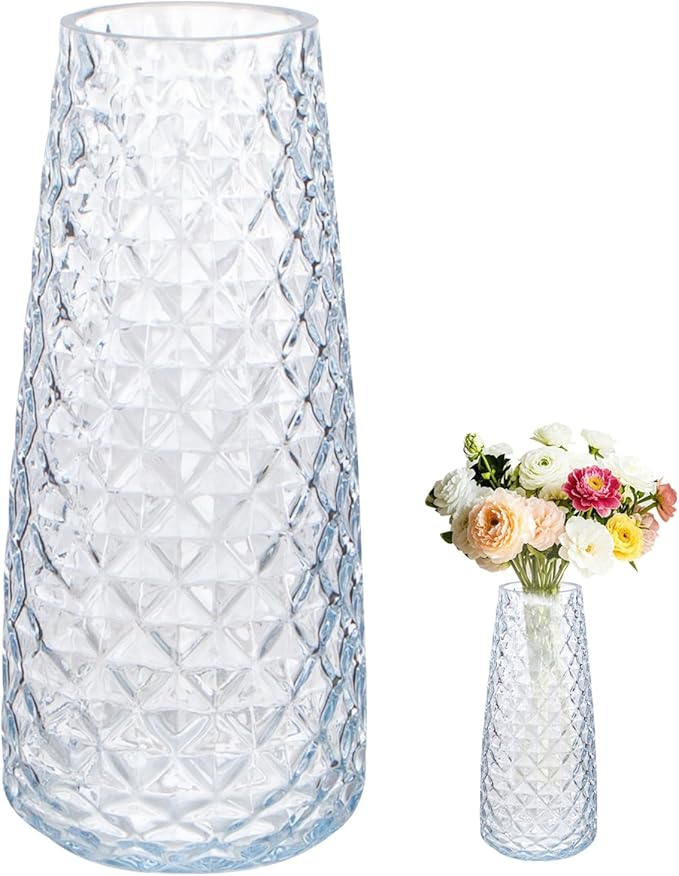 Crystal Vase for Flowers, 8.6" H Clear Round Glass Vase for Centerpieces by TCooSo
