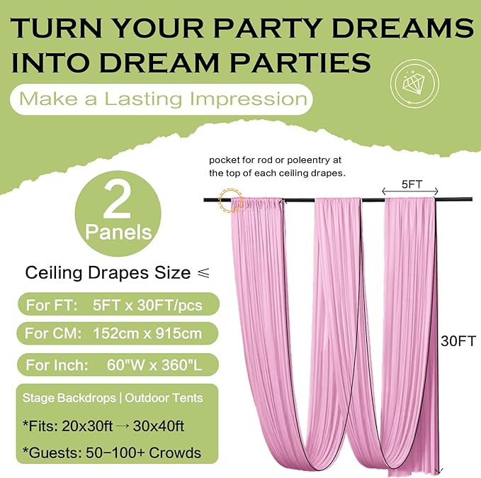 PartyVillage 2 Panels 5ftx30ft Baby Pink Ceiling Drapes - Image 6