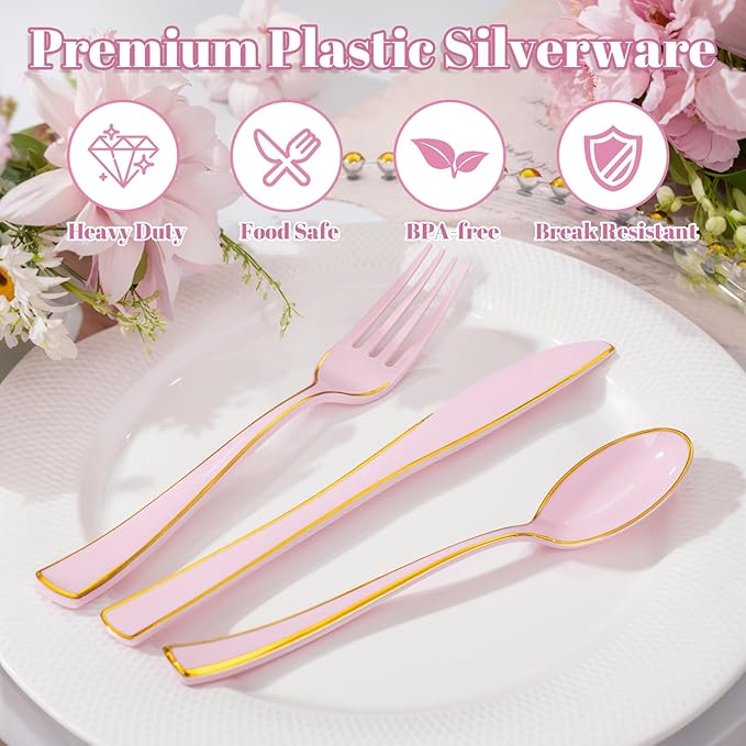 WDF 180 Pieces Pink Plastic Silverware - Image 4