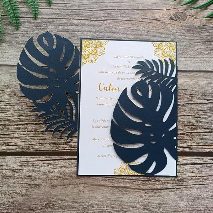 Navy Blue Laser Invitation Card, Palme Invitation Jacket by MillaSaw