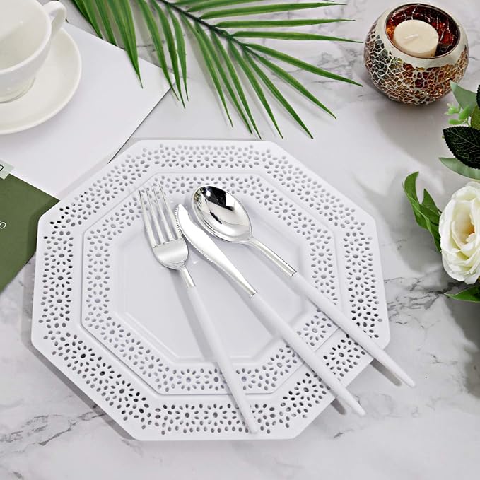 WELLIFE 144 Pack Silver Plastic Cutlery, Disposable Silver Flatware Includes： - Image 3