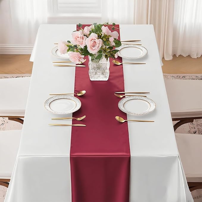 SHEJIZE 20 Pack Wine Red SatinTable Runner 12x108 Inches Long, Bright Silky - Image 8