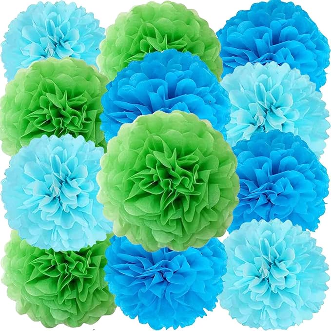 We Moment Green Blue Light Blue Paper Pom Poms Paper Flowers Decorations by We+Moment