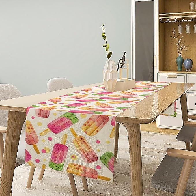 Ice Cream Popsicles Table Runner, Watercolor Summer Seasonal Fruit Peach Kiwi - Image 2