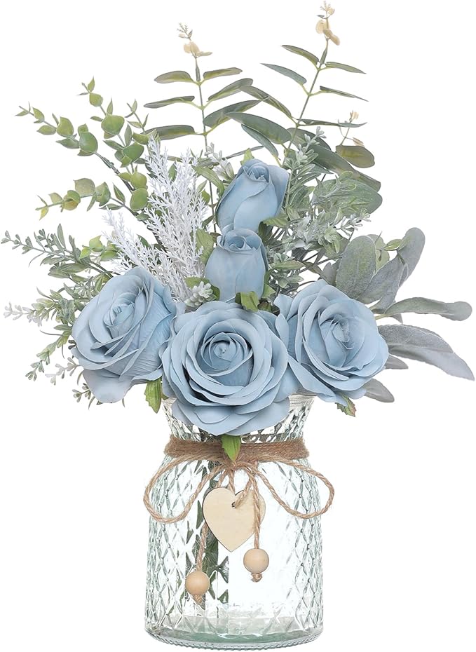 Faux Flowers with Vase, Artificial Silk Roses in Vase, Fake Plant Eucalyptus by VIERENA