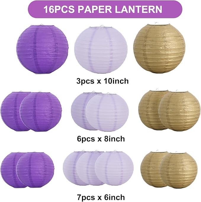 BEISHIDA 16 Pcs Purple Gold Paper Lanterns, Hanging Decorative Chinese Japanese - Image 2