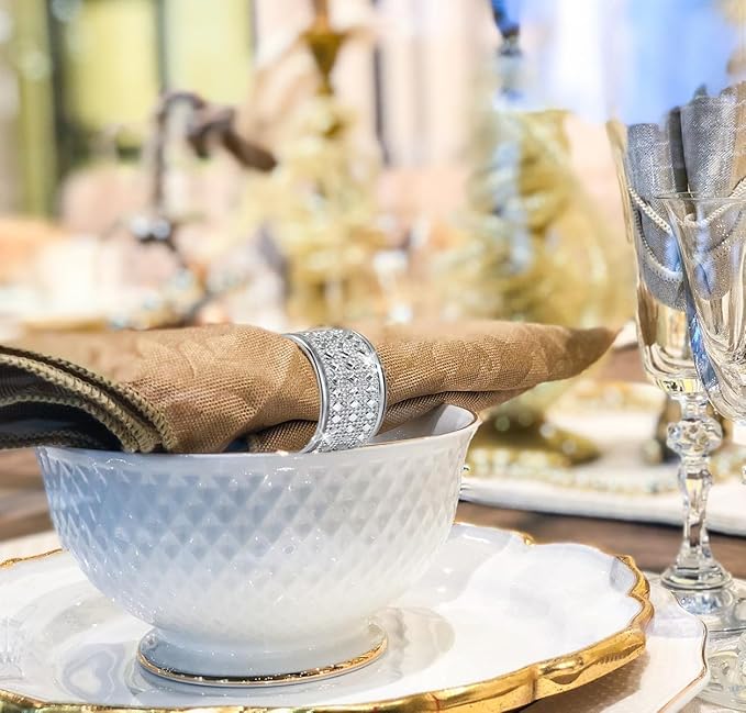 Silver Diamond Napkin Ring Set of 12 Rhinestone Crystal Glass Framed Napkin - Image 5