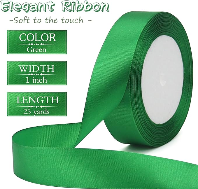 Green Solid Satin Ribbon 1 Inch 25 Yards Solid Polyester Fabric Ribbon - Image 2