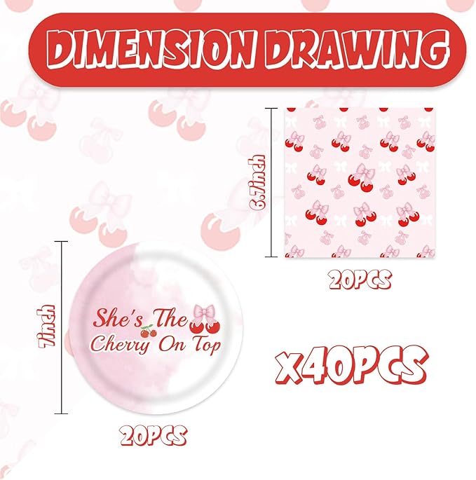 40pcs Cherry Birthday Decorations Bow Cherry Themed Plates and Napkins - Image 2