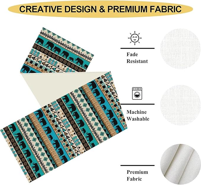 Boho Table Runner, Rustic Aztec Blue Teal African Elephant Tribal Ethnic Native - Image 4