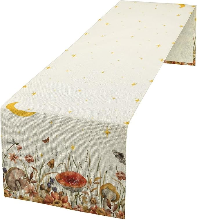 Mushroom Kitchen Table Runner, Gothic Moon Star Plants Witchy Moonlit Flower - Image 2