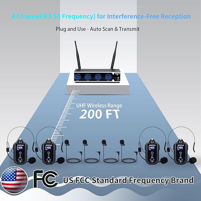 4 Channel Rechargeable Wireless Microphone System, Pro UHF Metal Headset - Image 6