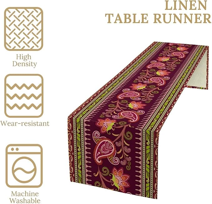 Dark Red Paisley Table Runner, Vintage Boho Paisley Flowers Geometric Print - Image 4