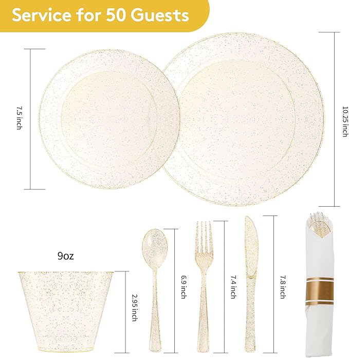 Goodluck 350 Piece Gold Glitter Plastic Dinnerware Set - Image 4