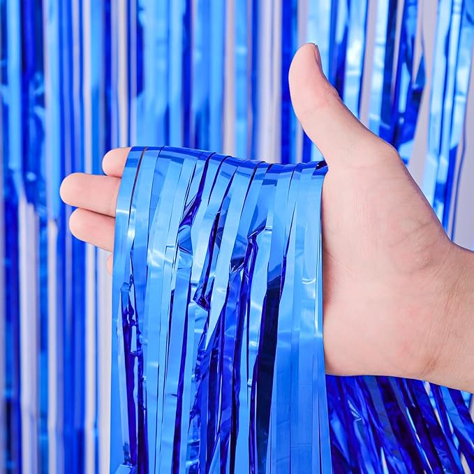 2 Pack Blue Foil Fringe Backdrop Curtains, Tinsel Streamers Birthday Party - Image 2