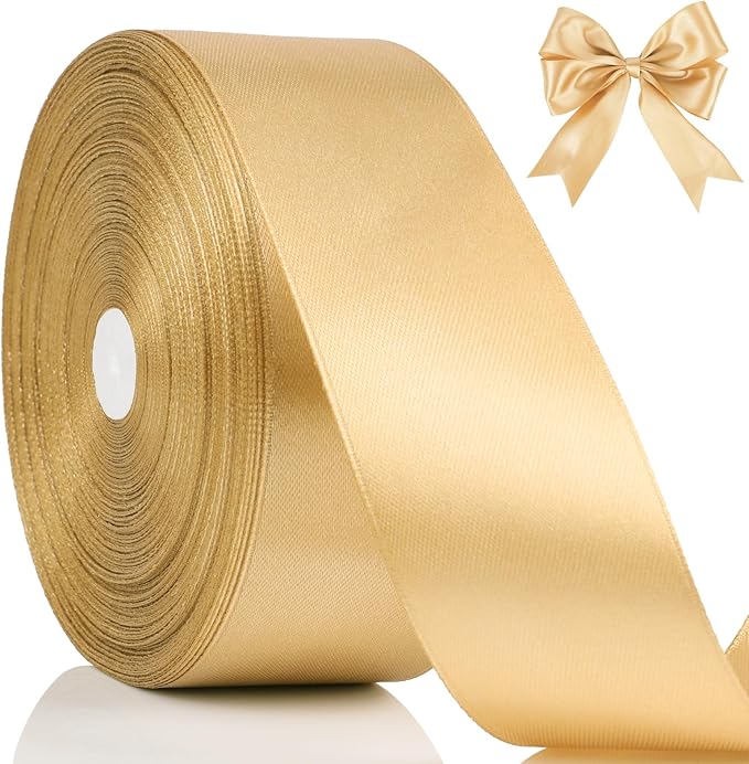NESCCI 100 Yards Ribbon, 1-1/2 Inch Champagne Gold Satin Ribbon, Single Face by NESCCI
