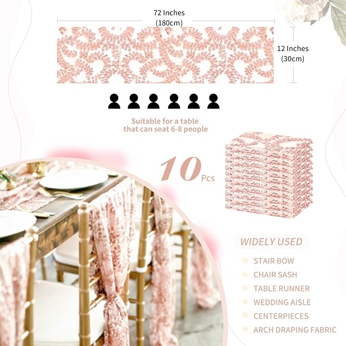 Rose Gold Flower Table Runners 10 Pieces 12x72 Inches Sequin Glitter Table - Image 2