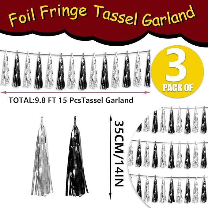 3P Black Silver Foil Fringe Metallic Tassel Streamers Banner Tassel Garland - Image 2