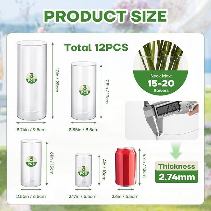 12pcs Clear Glass Cylinder Vases, 10 Inch Tall Cylinder Vases - Image 3