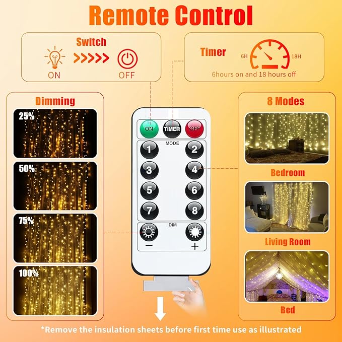 300LED Fairy Curtain Lights, 9.8x9.8Ft Warm White USB Plug in 8 Modes & Timer - Image 5